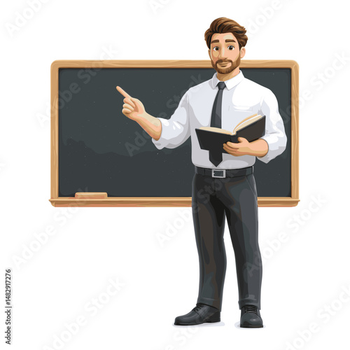 Charming cartoon vector of a male teacher standing by chalkboard with book in hand white background 