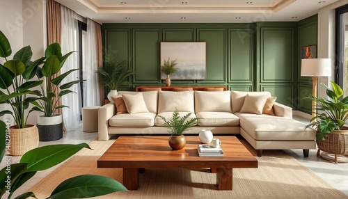 Wallpaper Mural Elegant beige sofa, wood coffee table, lush plants, rattan accents, green wall paneling in a modern luxury living room,  luxury,  accessories Torontodigital.ca