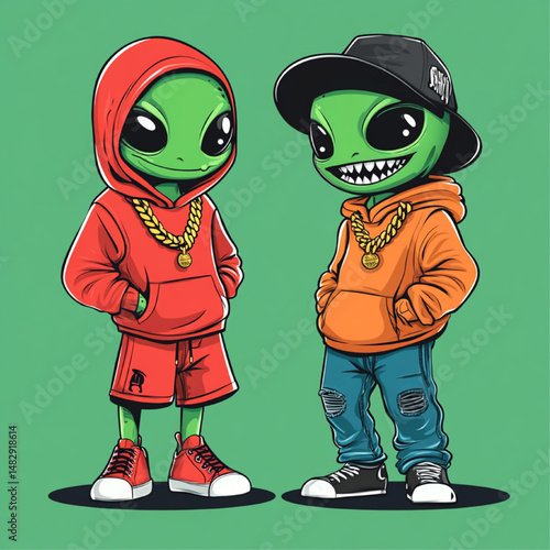 Hip Hop Style Vector Mascot of Funky Green Aliens Wearing Stylish Clothes, Chains, and Hats – Fun Urban Illustration