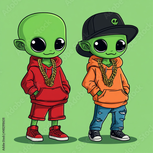 Cool Cartoon Alien Characters in Urban Streetwear – Green Aliens in Hoodies, Sneakers, and Gold Chains on Green Background