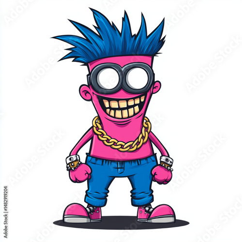 Funny Pink Cartoon Character with Blue Spiky Hair, Goggles, Gold Chain, and Sneakers – Vector Mascot on White Background