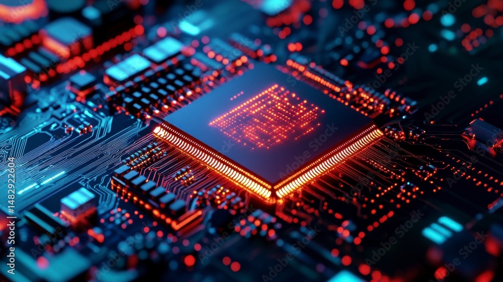 Close-Up View of a High-Tech Computer Circuit Board with Neon Lights Close-Up View of a High-Tech Computer Circuit Board with Neon Lights