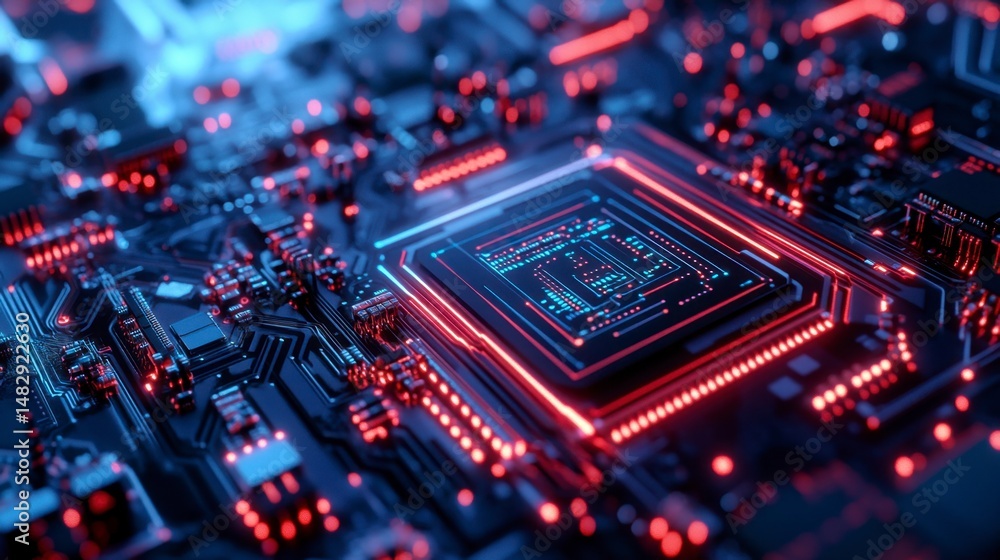 Futuristic Circuit Board with Neon Lights and Electronic Components Futuristic Circuit Board with Neon Lights and Electronic Components