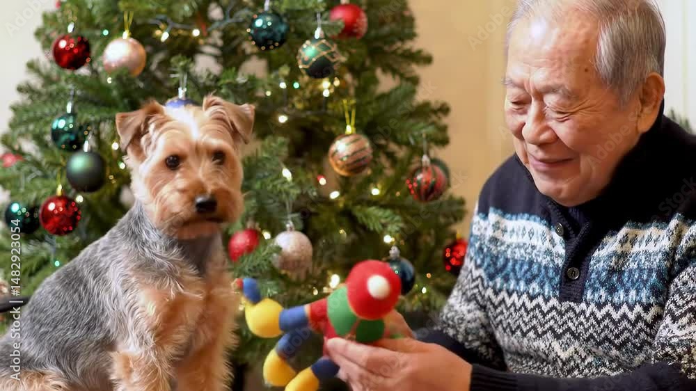 Elderly asian man joyfully presenting a colorful toy to his small dog near a beautifully decorated christmas tree. concept of holiday cheer, pet companionship, festive spirit, play Elderly asian man joyfully presenting a colorful toy to his small dog near a beautifully decorated christmas tree. concept of holiday cheer, pet companionship, festive spirit, play