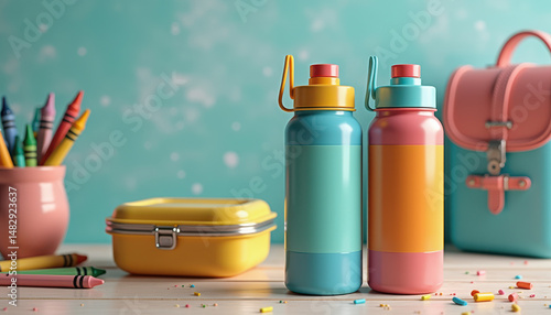 Wallpaper Mural Water bottle label mockup. Mockup of transparent water bottle label on student’s wooden desk with snack box, crayons, and blurred classroom background Torontodigital.ca