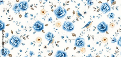 Delicate watercolor floral pattern; tiny blue, cream, grey roses, leaves, birds on white background, cream, tiny
