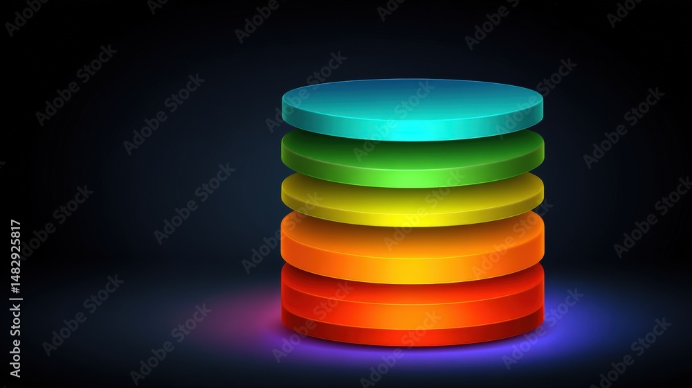 A colorful, glowing stack of circular disks arranged vertically on a dark background. A colorful, glowing stack of circular disks arranged vertically on a dark background.