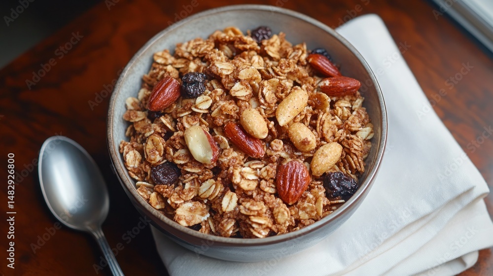 Bowl of granola with nuts and raisins Bowl of granola with nuts and raisins