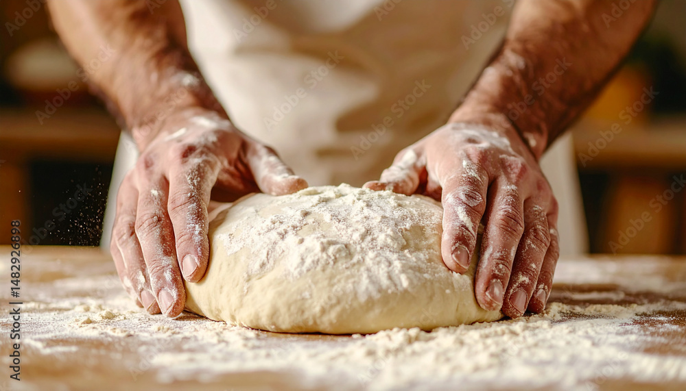 baker kneading dough on table baker kneading dough on table