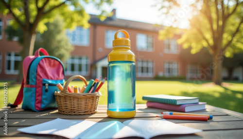 Wallpaper Mural Water bottle label mockup. Blue sports water bottle with cap placed on outdoor wooden table next to backpack and school supplies Torontodigital.ca