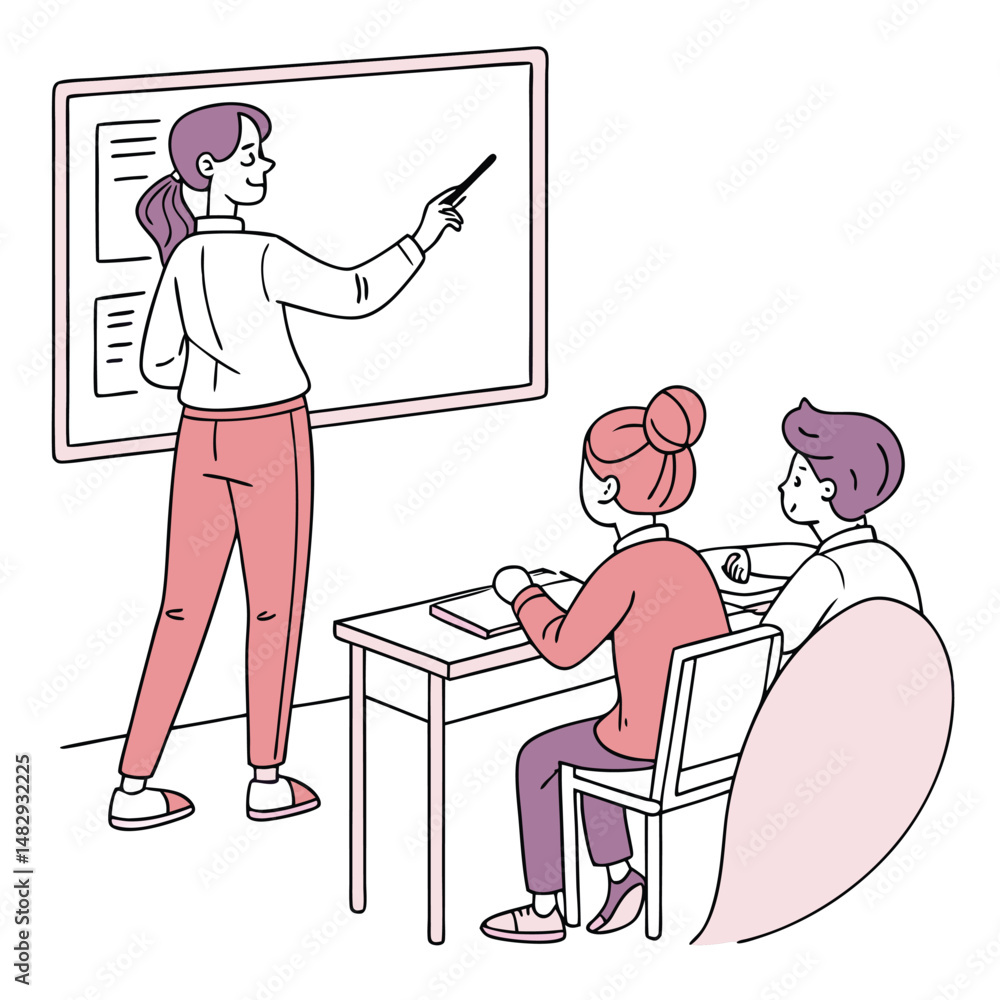 Fototapeta premium Classroom Vector with Teacher Explaining at Whiteboard Clean Design