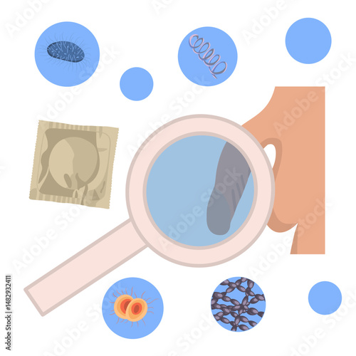 Vector isolated illustration of sexually transmitted diseases. Protecting a man from sexually transmitted diseases.