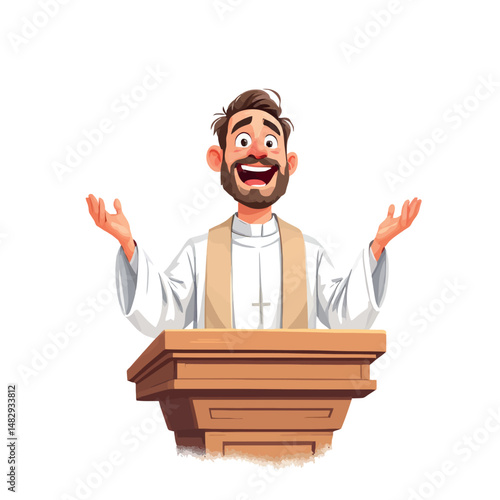 Vsai happy priest giving sermon at pulpit with open arms