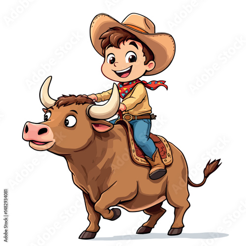 Vsai young cowboy riding a bull in rodeo competition, showing courage and determination