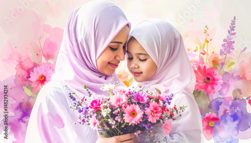 Watercolor Art of Mother and Daughter Holding Flowers on Mother’s Day Celebration photo