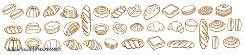 Isolated vector set of Bakery. Hand drawn and chalked cookies, barolls, pies, cakes, pastries, croissants.. Vintage template with pastries sketch. Fresh bakery. Shop. Template.