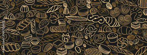 Isolated vector set of Bakery. Hand drawn and chalked cookies, barolls, pies, cakes, pastries, croissants.. Vintage template with pastries sketch. Fresh bakery. Shop. Template.