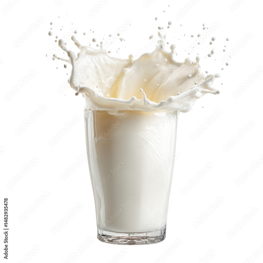 Glass of milk with dramatic splash on transparent background high resolution dairy concept isolated for packaging advertising or food design Glass of milk with dramatic splash on transparent background high resolution dairy concept isolated for packaging advertising or food design