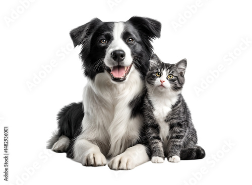 Cute border collie dog and cat sitting together isolated on a transparent background
