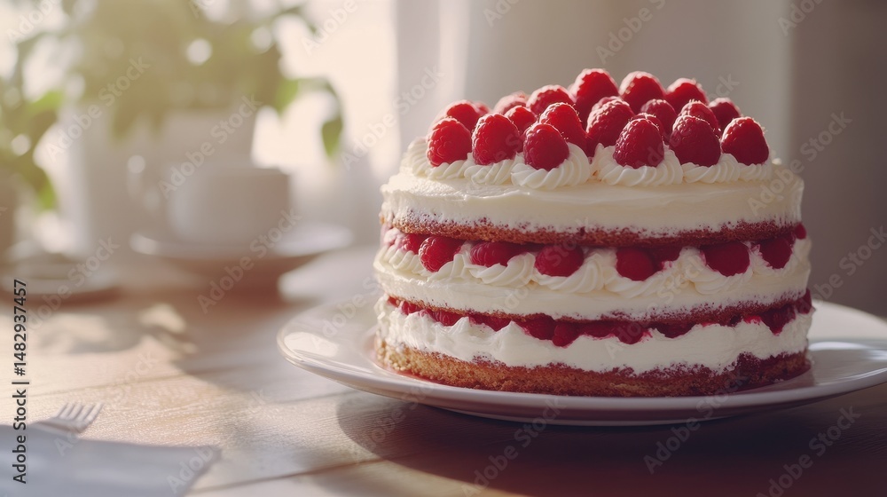 custom made wallpaper toronto digitalRaspberry vanilla cake adorned with fresh berries and creamy swirls on a warm tabletop in bright daylight, inviting a sweet indulgence experience