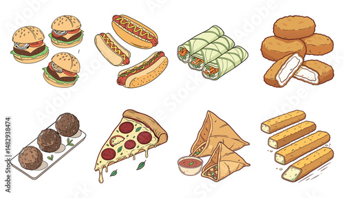 set of different kinds Savoury Snacks & Finger Foods: Sandwich, Samosa, Spring rolls, Chicken nuggets, Cheese sticks, Mini burgers, Hot dogs, Meatballs, Pizza slices