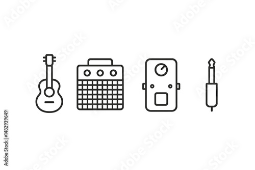 Detailed illustration of a guitar, amplifier, effects pedal, and instrument cable in minimalist style