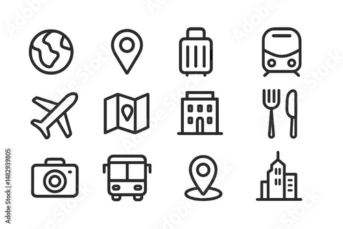 Travel icons representing various activities and elements of exploration around the world in a simple design