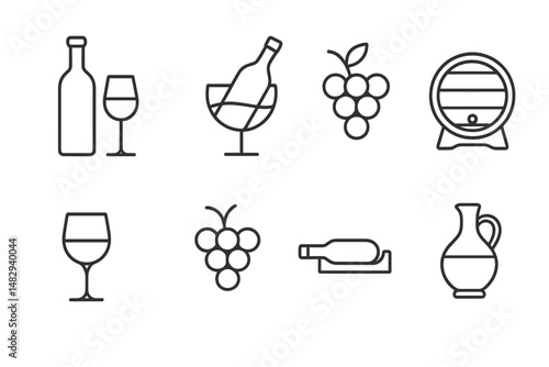 Wine accessories and symbols featuring bottles, glasses, and grapes in a minimalist design