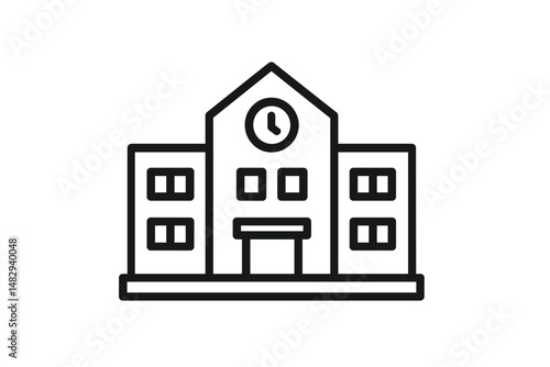 Educational building with clock tower and multiple windows in a simple architectural style