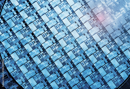 Silicon Wafers with microchips used in electronics for the fabrication of integrated circuits