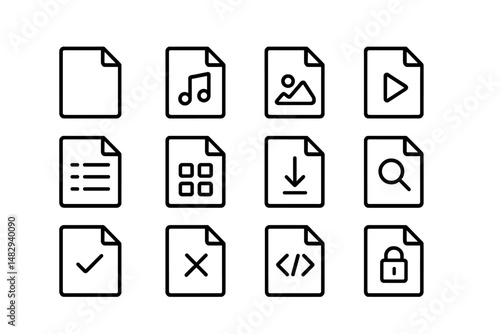 Icons representing various file types and actions for digital content management in a minimalistic design