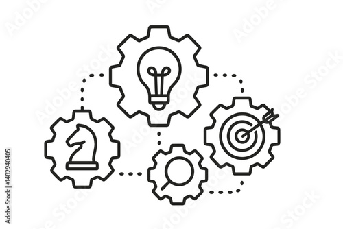 Conceptual illustration of strategy, creativity, and planning represented through gears and icons