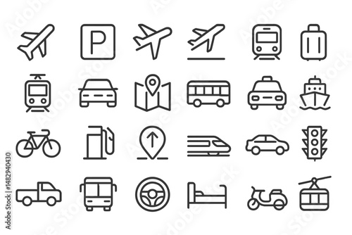 Transportation symbols and icons displayed in simple line art style representing various modes of travel and navigation