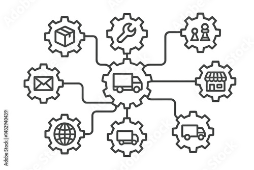 Logistics management diagram illustrating connections among delivery, packages, and services in a global supply chain