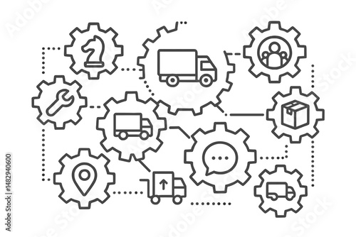 Logistics and supply chain management processes illustrated with gear icons representing various activities