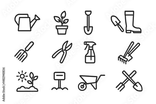 Gardening tools and equipment for planting in a backyard setting during springtime