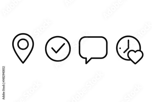 Four simple icons representing location, confirmation, communication, and time management in a digital format