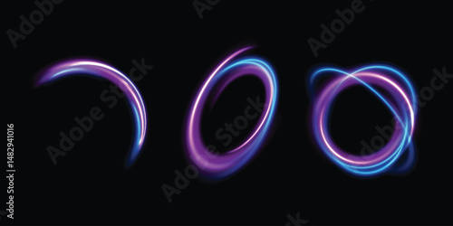 Set of abstract light lines of movement and speed. light blue and purple ellipse. Brilliant galaxy. Glowing podium. Space tunnel. Light everyday glowing effect. semicircular wave, light vortex wake.