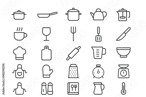 Kitchen utensils and tools arranged in a grid layout with essential cooking items for meal preparation and culinary activities