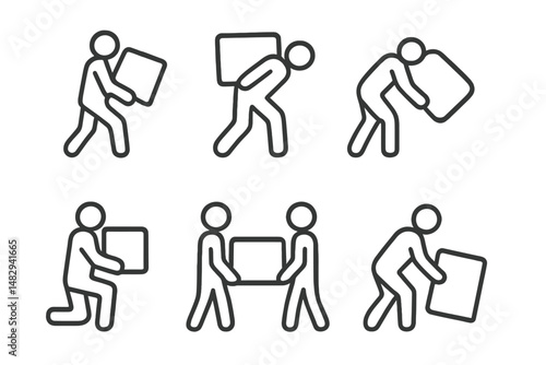 Various stick figure actions depicting carrying and lifting boxes in multiple postures and collaborations