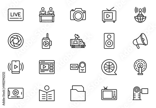 Mass media line icons set isolated on white background. media business concept. Media outline icons set. Vector illustration.