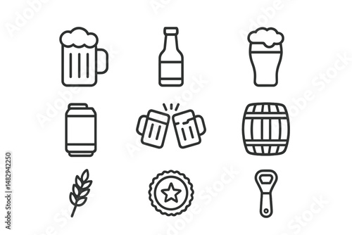 Different types of beer glasses, bottles, and brewing elements displayed in a minimalist style