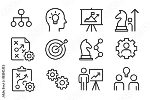 Business strategy elements showcased through various icons illustrating planning and decision-making processes