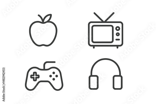 Creative icons representing leisure activities and entertainment options including gaming, television, and music