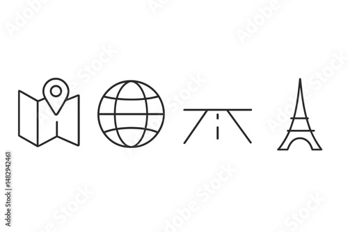 Exploring travel symbols with map, globe, road, and iconic tower against a simple background