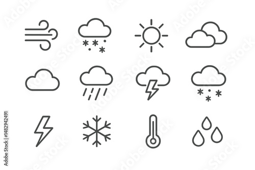 Weather icons represent different weather conditions including sun, rain, snow, and wind in a simple design