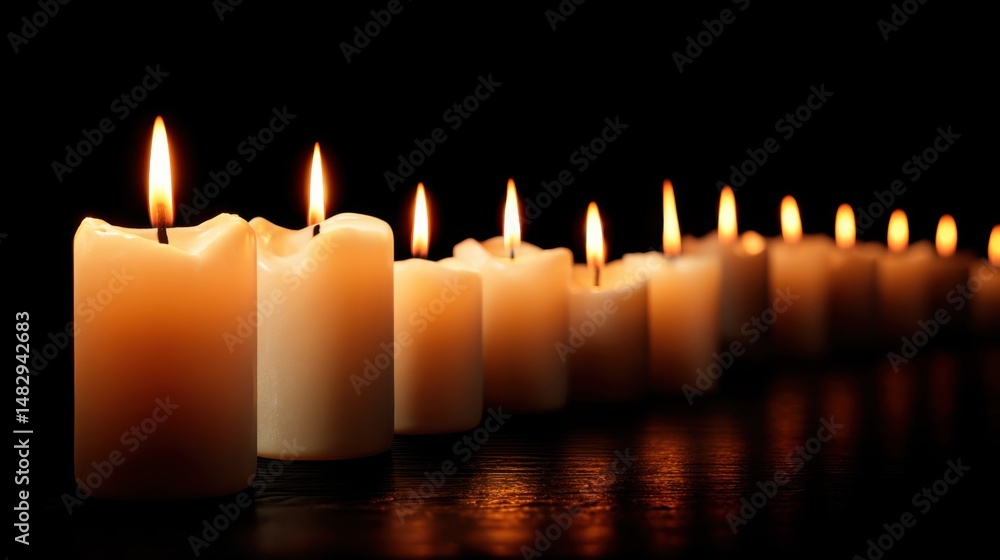 Candles glow in a row, providing light for atmosphere, spirituality and decoration Candles glow in a row, providing light for atmosphere, spirituality and decoration