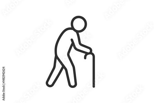 Senior person using a cane while walking on a plain background indoors during daylight hours