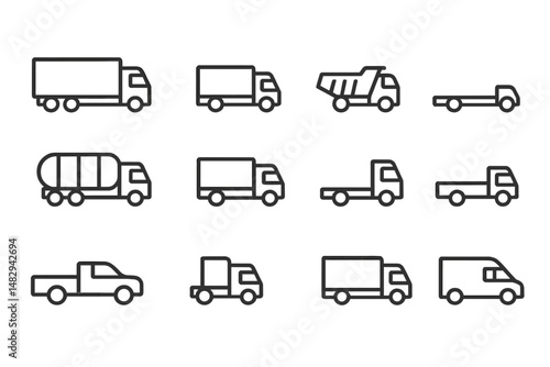 Different types of trucks lined up in simple graphic style for transportation or delivery purposes