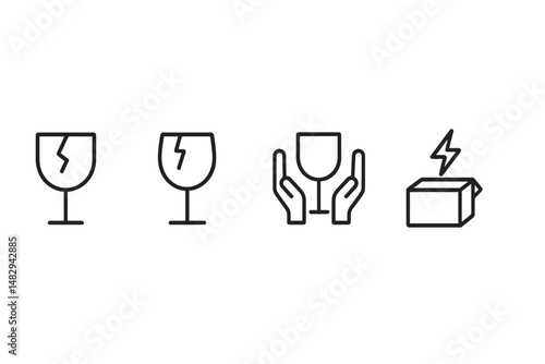 Symbols of fragile items and handling instructions for careful transportation in packing logistics